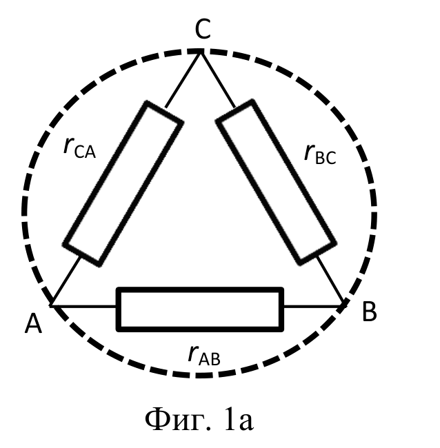 Пунктирана окръжност с изводи A, B и C; вътре три резистора $r_{AB}$, $r_{BC}$ и $r_{CA}$, свързани в триъгълник.