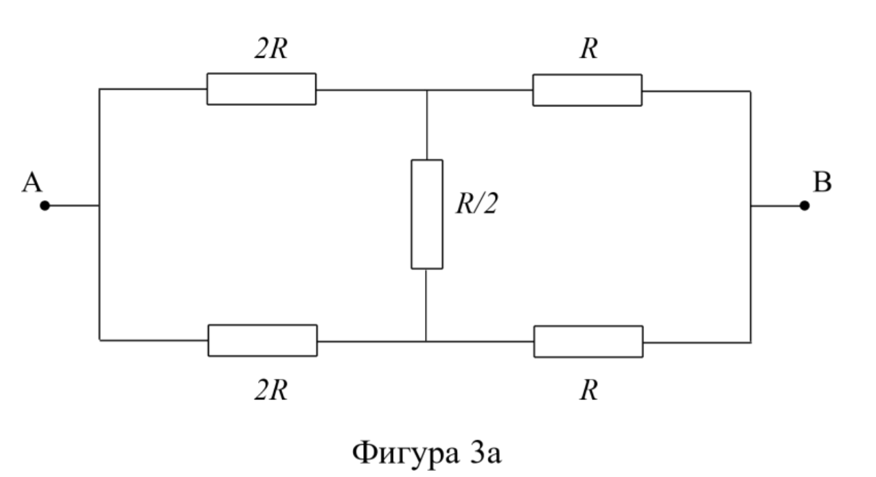 Мостова схема между точки A и B: горен клон $2R$ и $R$, долен клон $2R$ и $R$, а между средните възли — консуматор $R/2$.